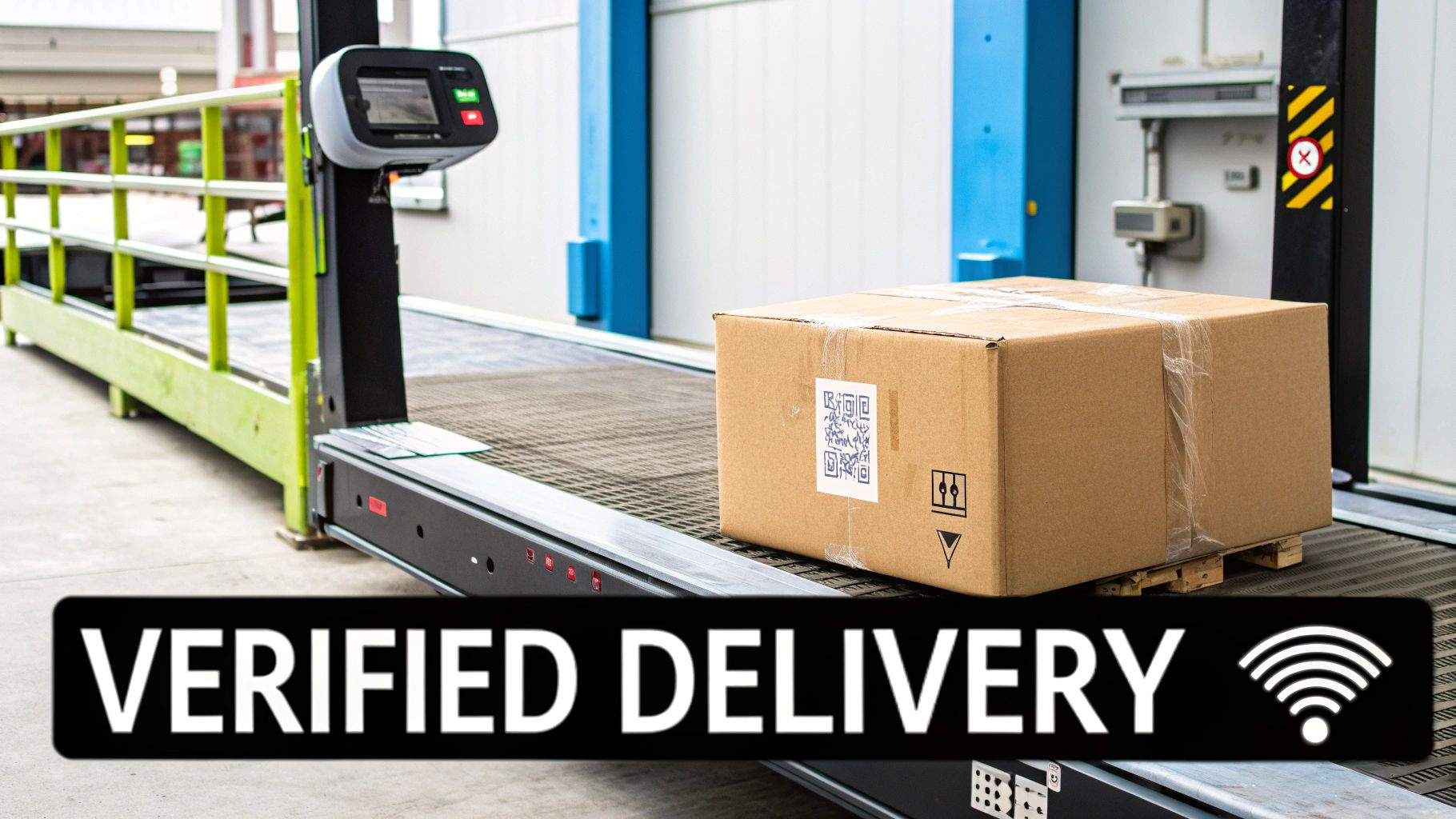 A cardboard box with a QR code on a conveyor belt in a warehouse, marked 'VERIFIED DELIVERY'.
