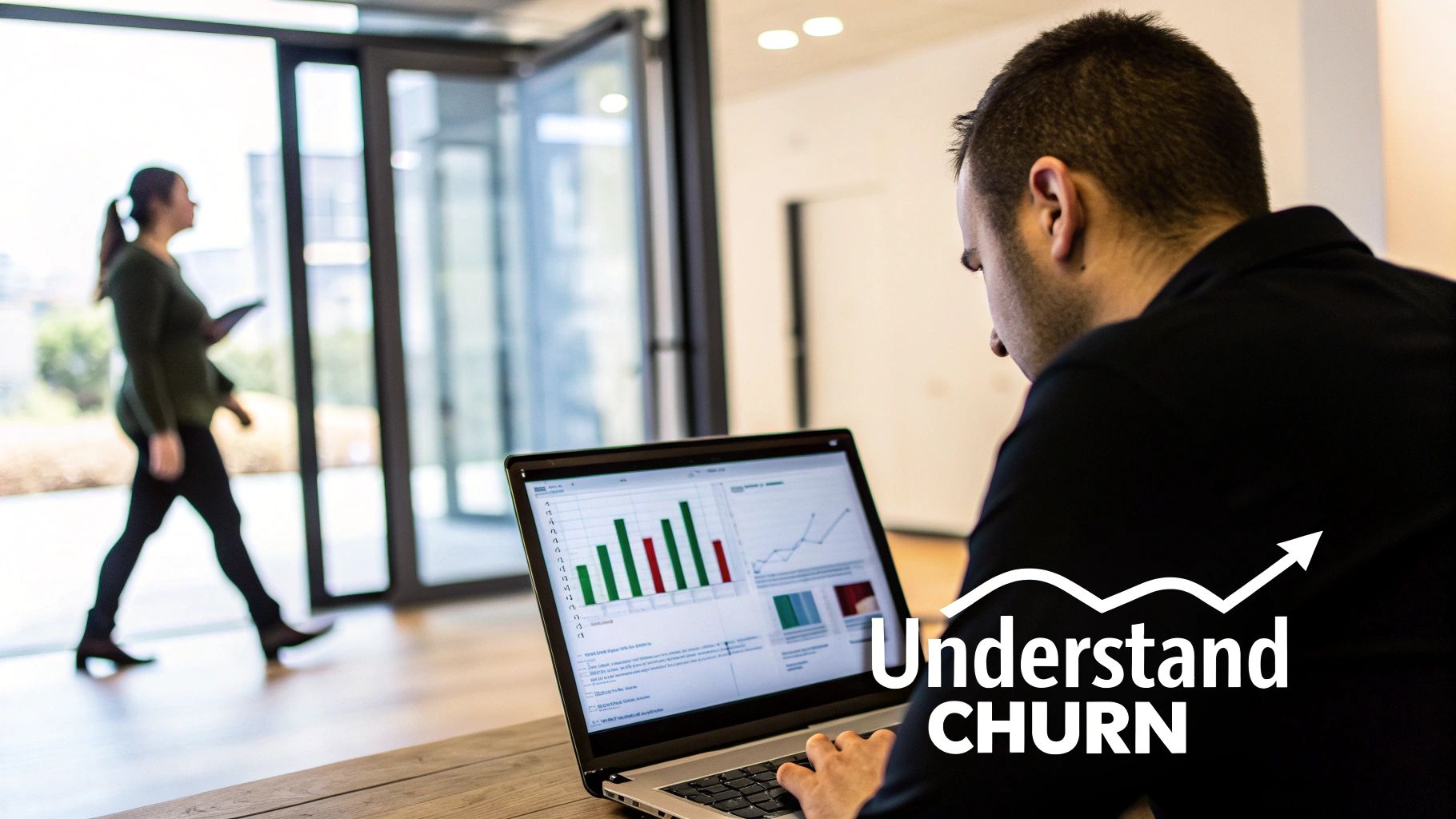 A magnifying glass hovering over a customer icon, symbolizing the analysis of customer churn.