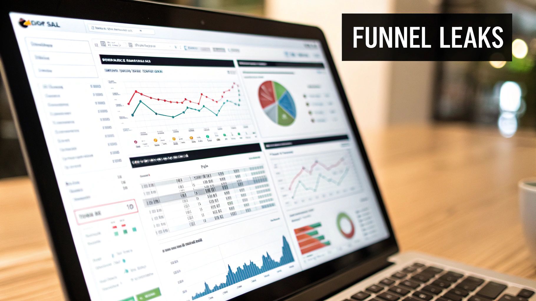 Magnifying glass over a sales funnel, representing finding leaks to improve ecommerce conversion rates