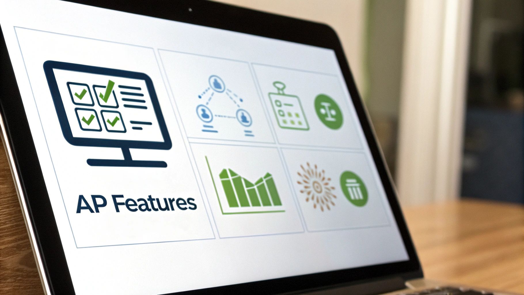 A dashboard on a computer screen showing financial analytics and charts, representing the key features of an AP automation platform.