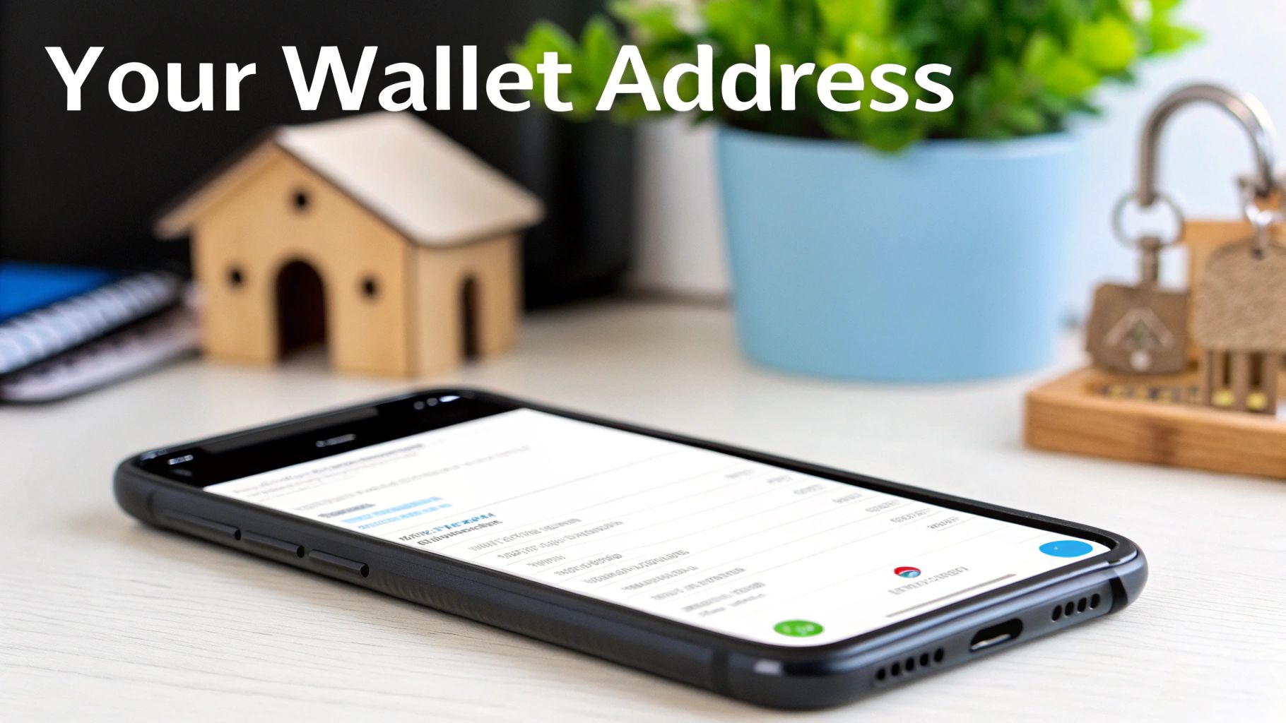 A smartphone displaying a digital wallet interface with the text 'Your Wallet Address' overlaid.