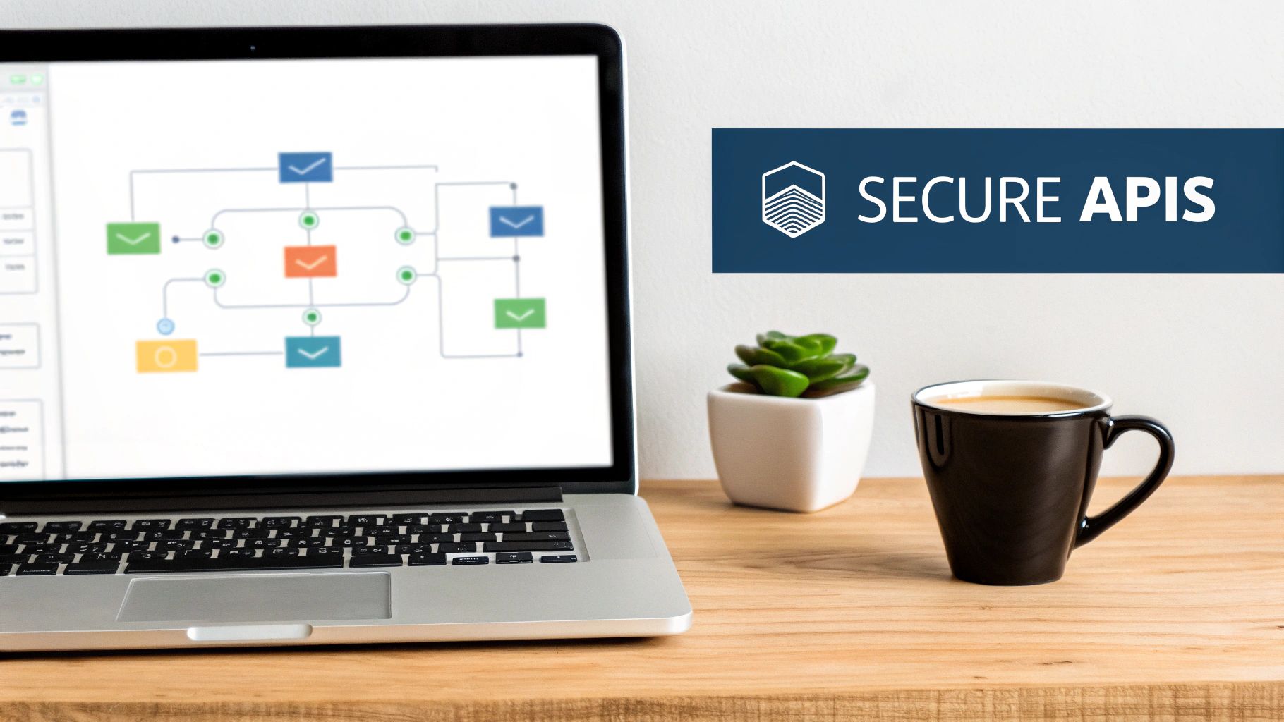 A workspace with a laptop displaying a flowchart, a coffee cup, a plant, and a 'Secure APIs' banner.