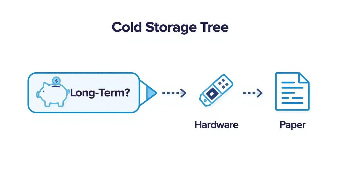 Infographic decision tree for choosing a cold storage wallet type.