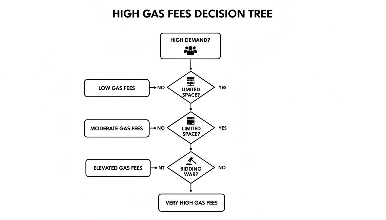 A decision tree illustrating factors like demand, limited space, and bidding wars that determine gas fees.