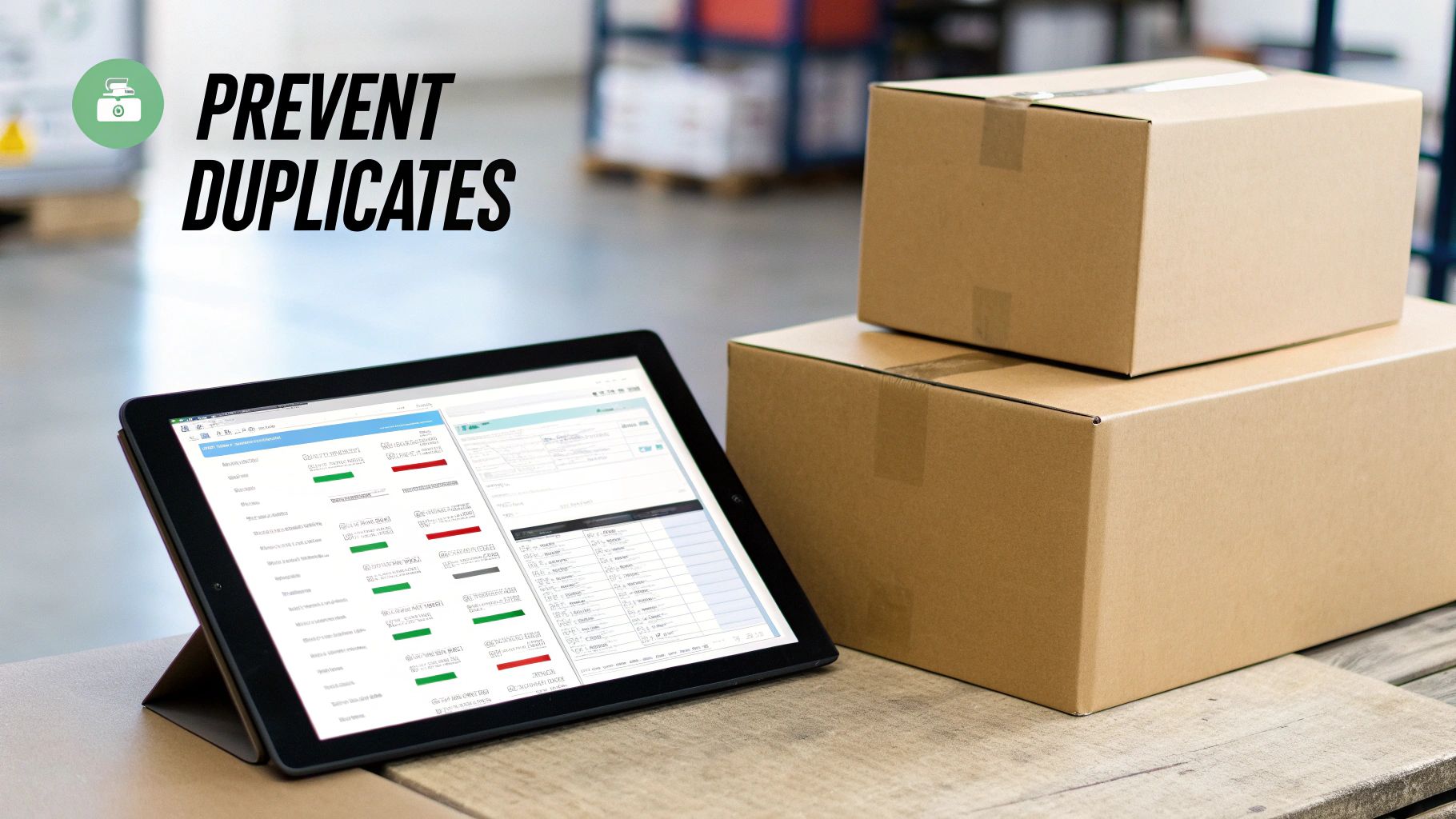 Tablet displaying inventory management system beside cardboard shipping boxes to prevent duplicate orders