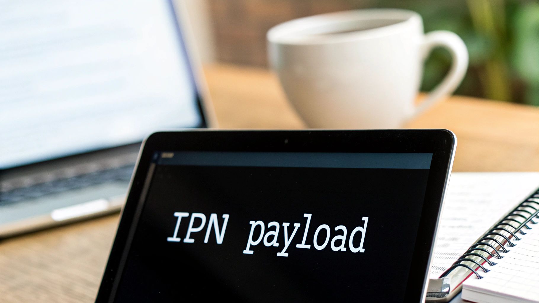 Tablet displaying IPN payload text on screen with coffee cup and laptop in background