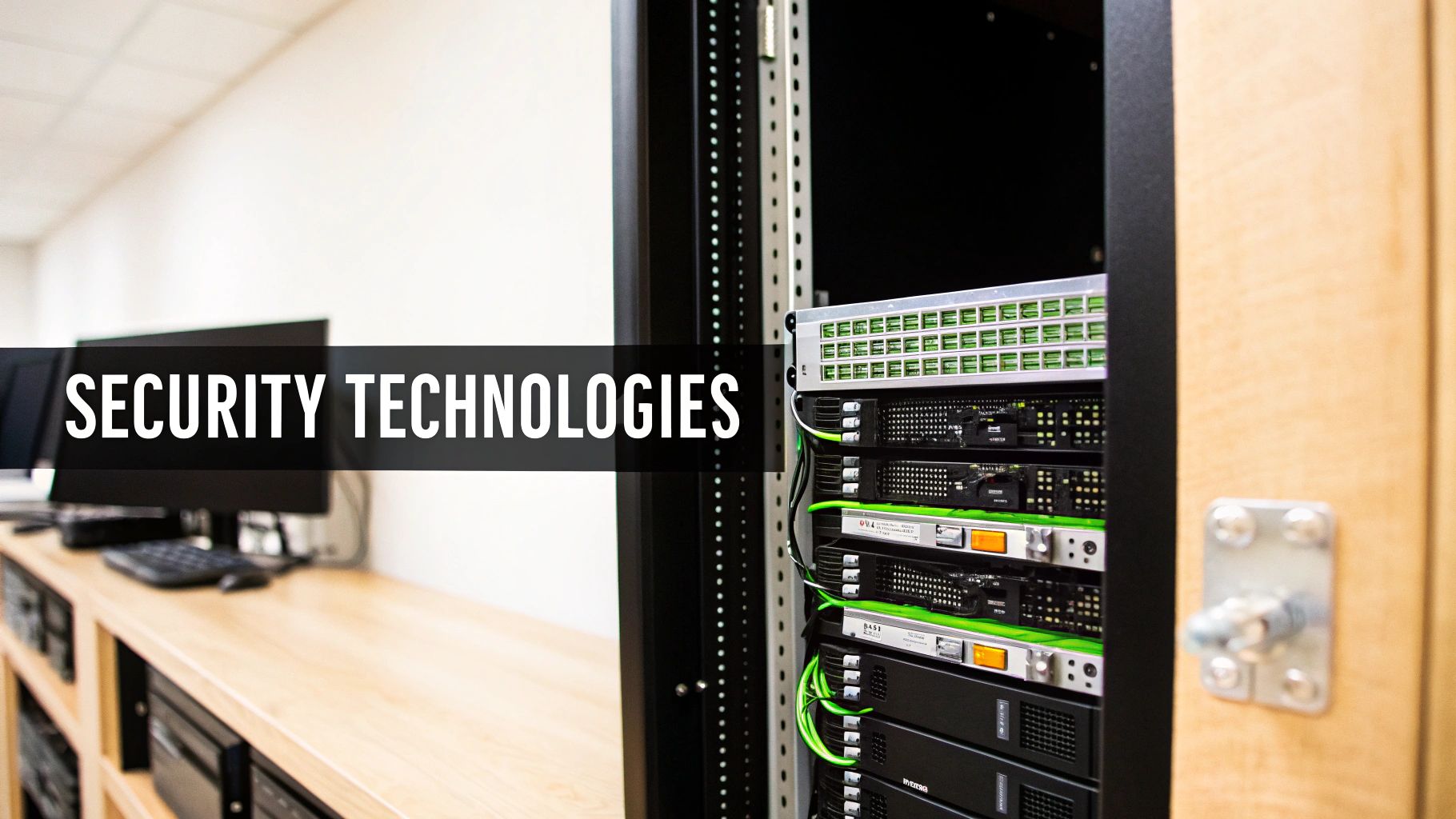 A server rack brimming with network equipment and green cables, accompanied by 'SECURITY TECHNOLOGIES' text.