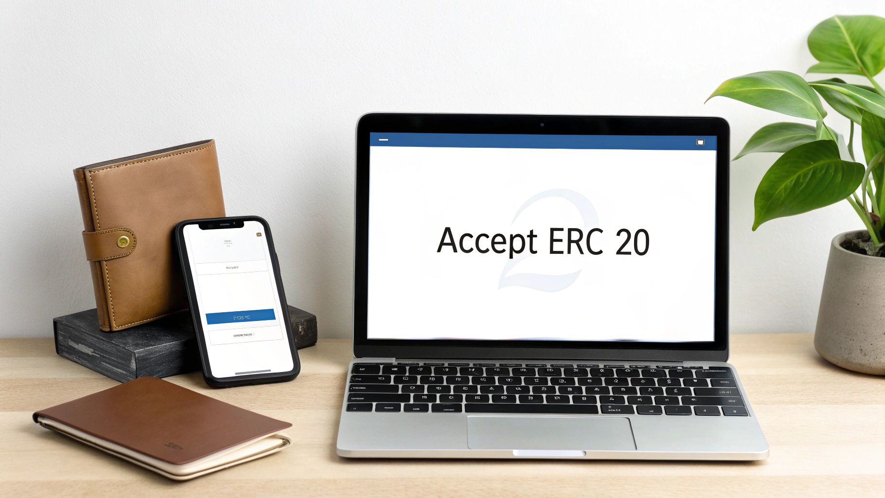 A MacBook showing 'Accept ERC 20' with a phone, wallet, and notebook on a wooden desk.