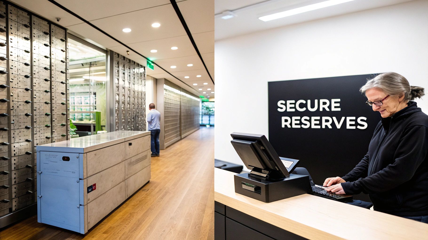 Two scenes: a secure storage hallway with compartments, and a person at a 'Secure Reserves' counter.