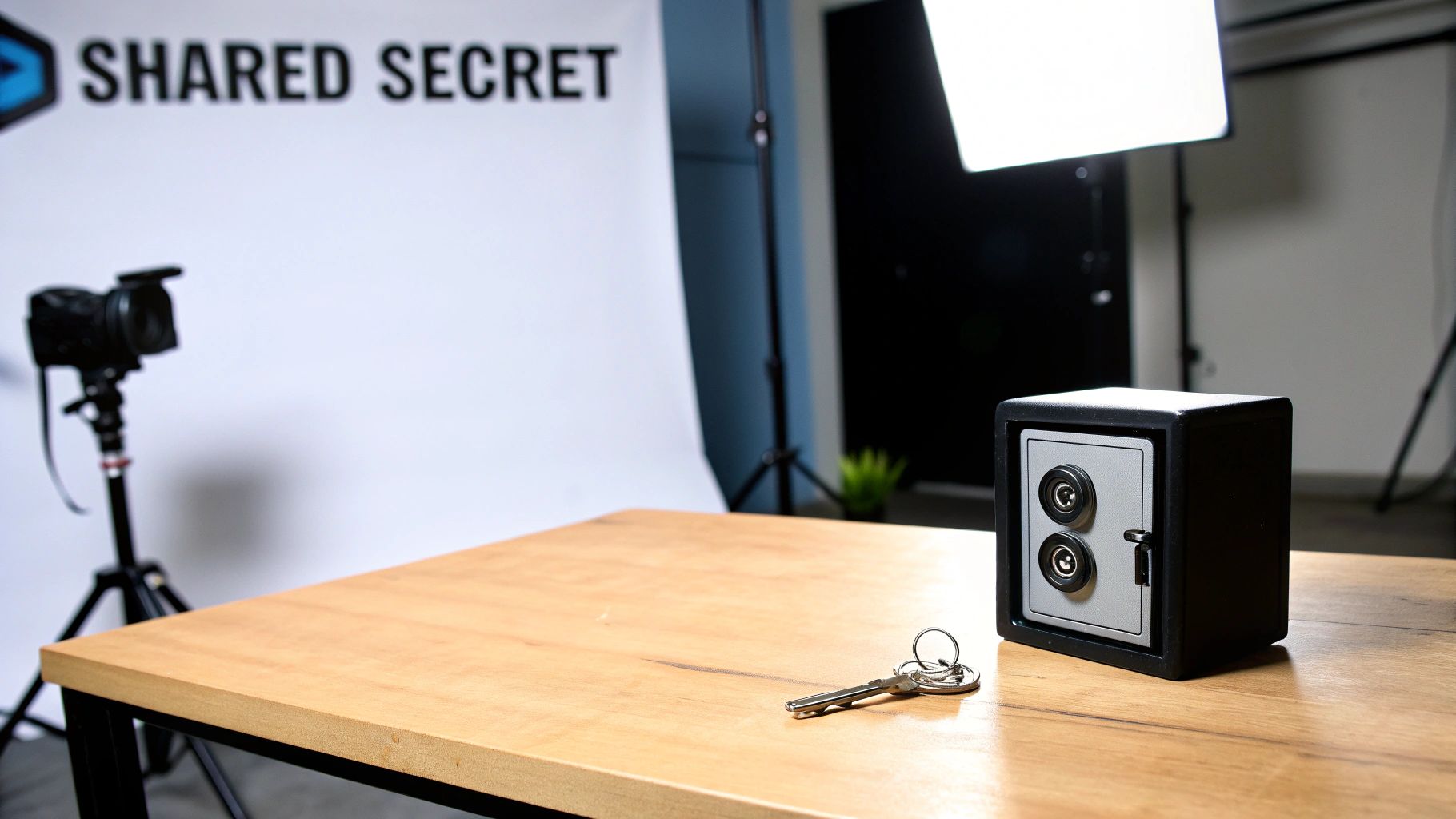 A small black safe with two dials and a key lies on a wooden table in a studio setting.