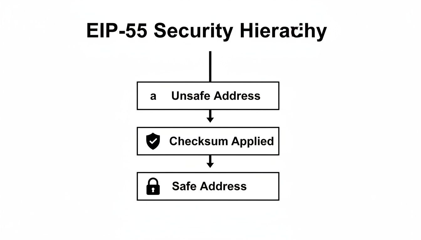 Flowchart illustrating the EIP-55 security hierarchy from an unsafe address to a safe address.