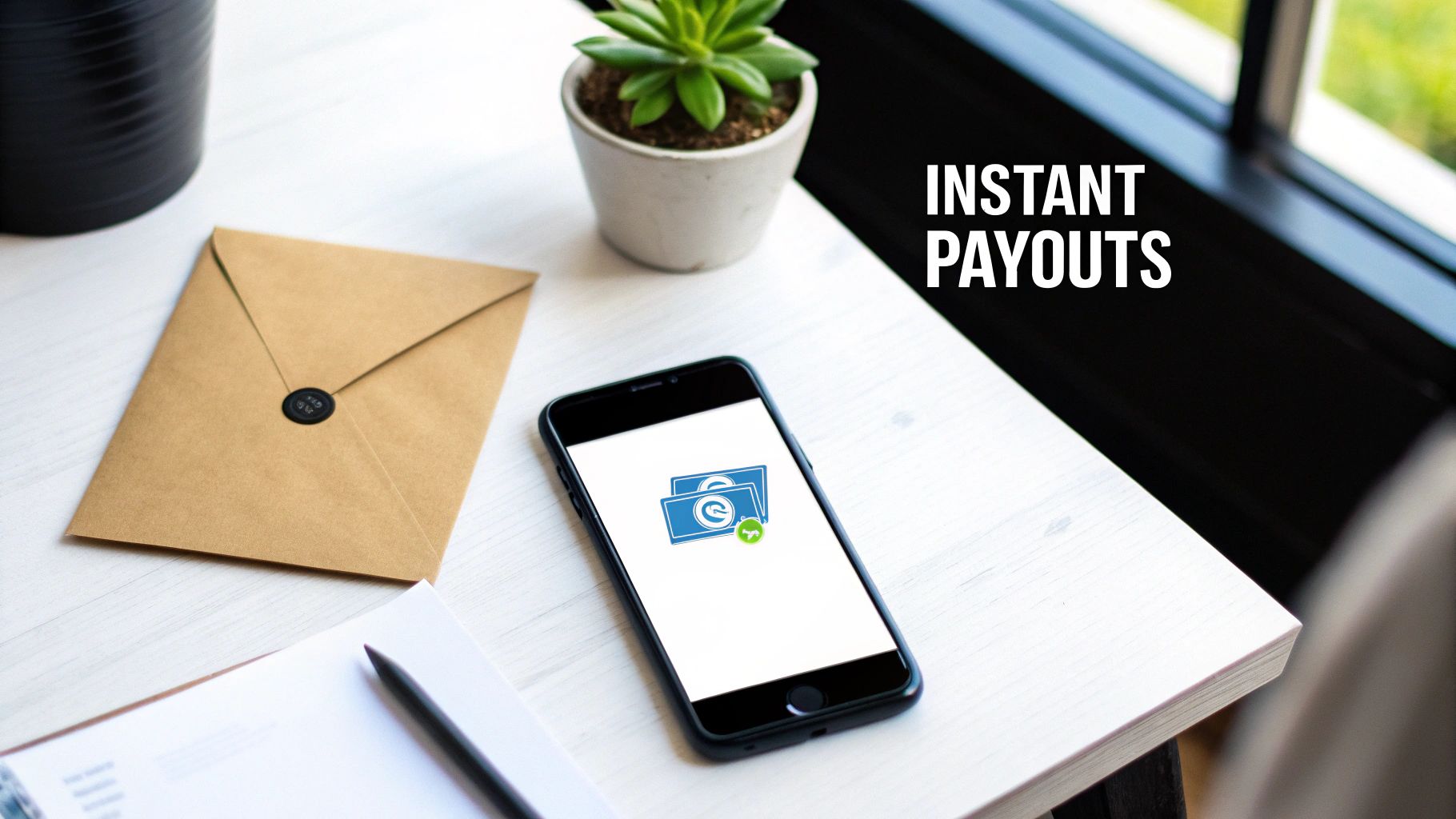 Smartphone displaying digital wallet app on desk promoting instant payout payment gateway services