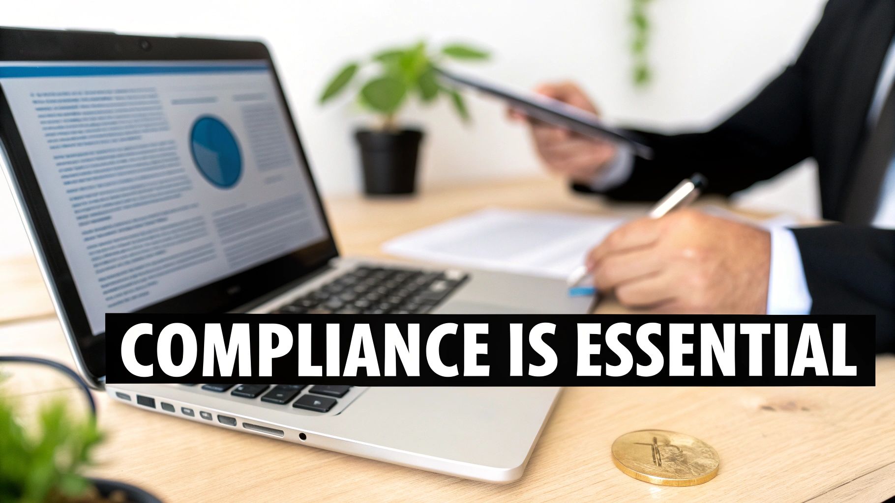 A businessman reviews data on a laptop and tablet, with a Bitcoin coin on the desk, highlighting 'COMPLIANCE IS ESSENTIAL'.