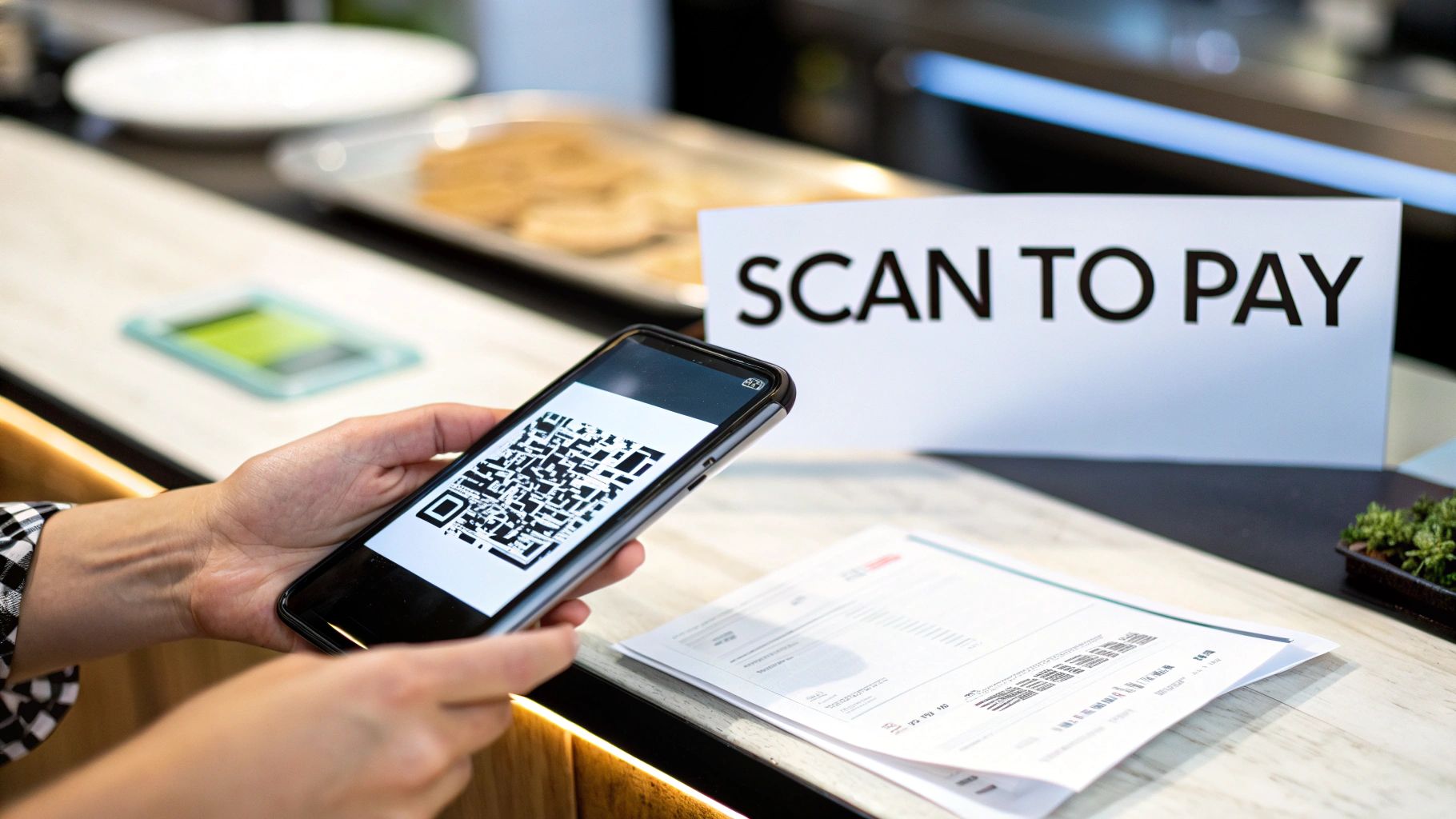 A person holds a smartphone displaying a QR code, ready to pay, next to a 'SCAN TO PAY' sign and a paper bill.
