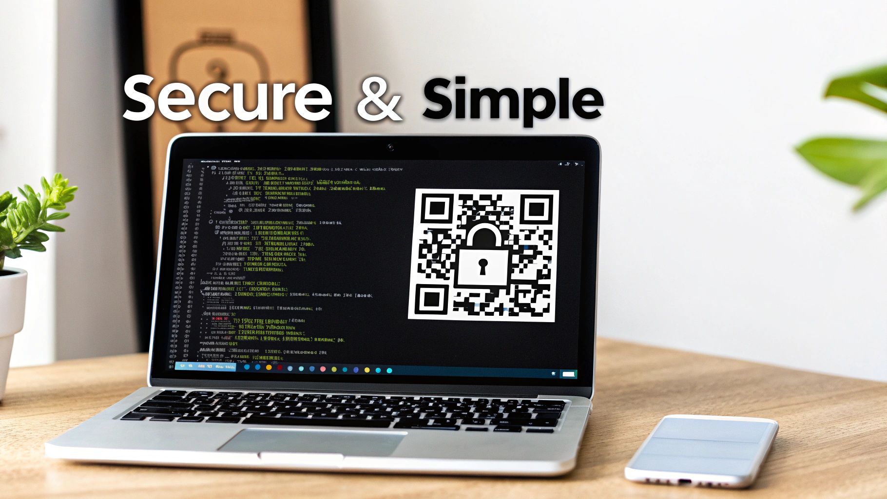 Laptop screen displays a QR code with a lock icon, symbolizing secure and simple digital payments.