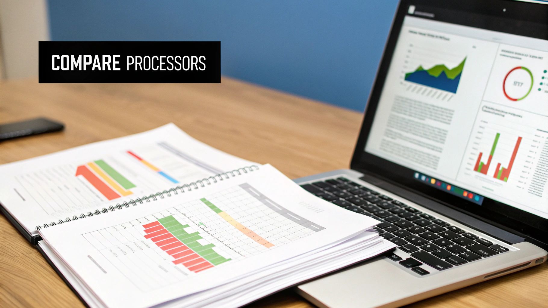 A person comparing two documents side-by-side at a desk, symbolizing the process of choosing a payment processor.