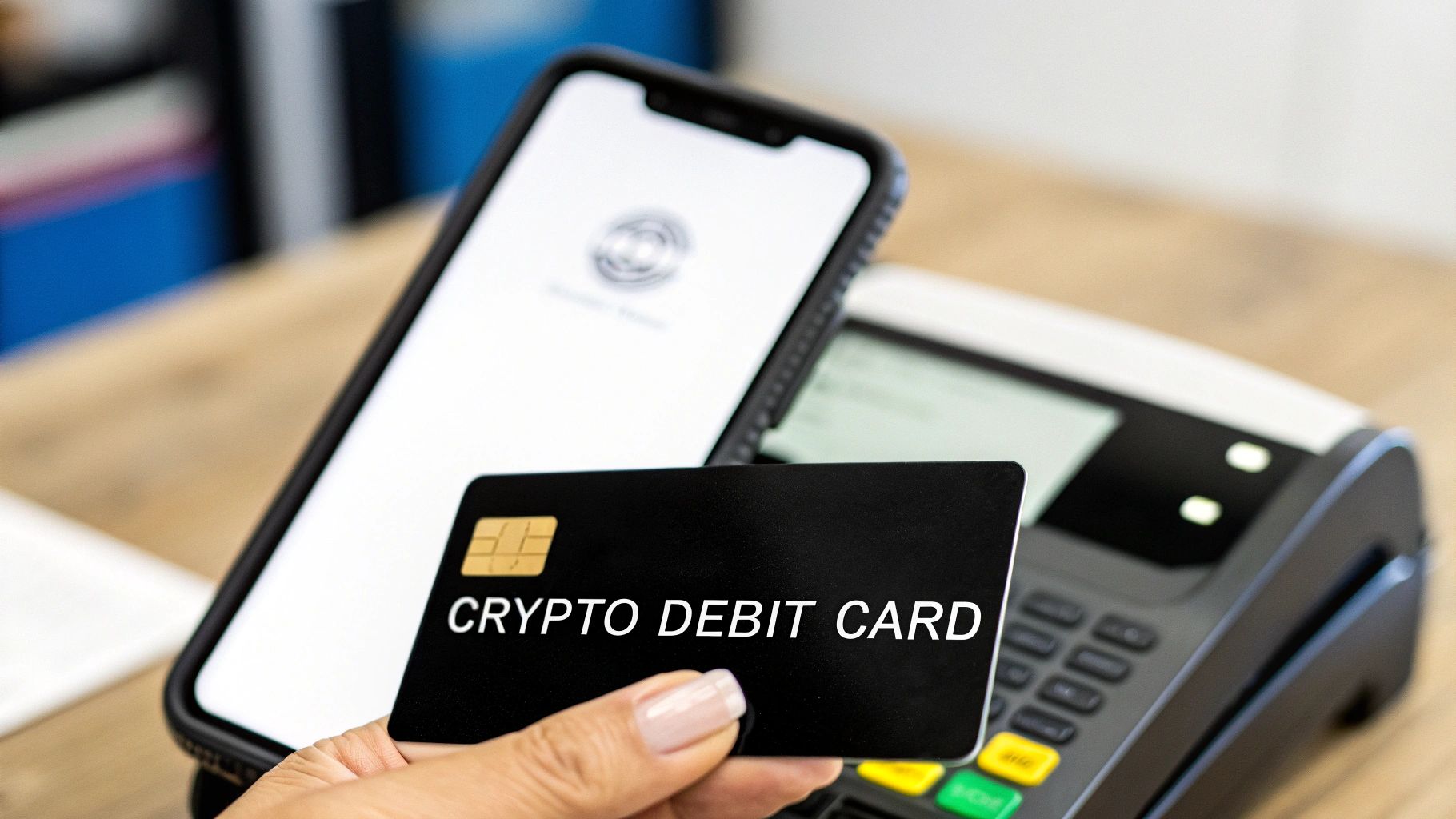 A hand holds a black crypto debit card in front of a smartphone and a POS terminal.