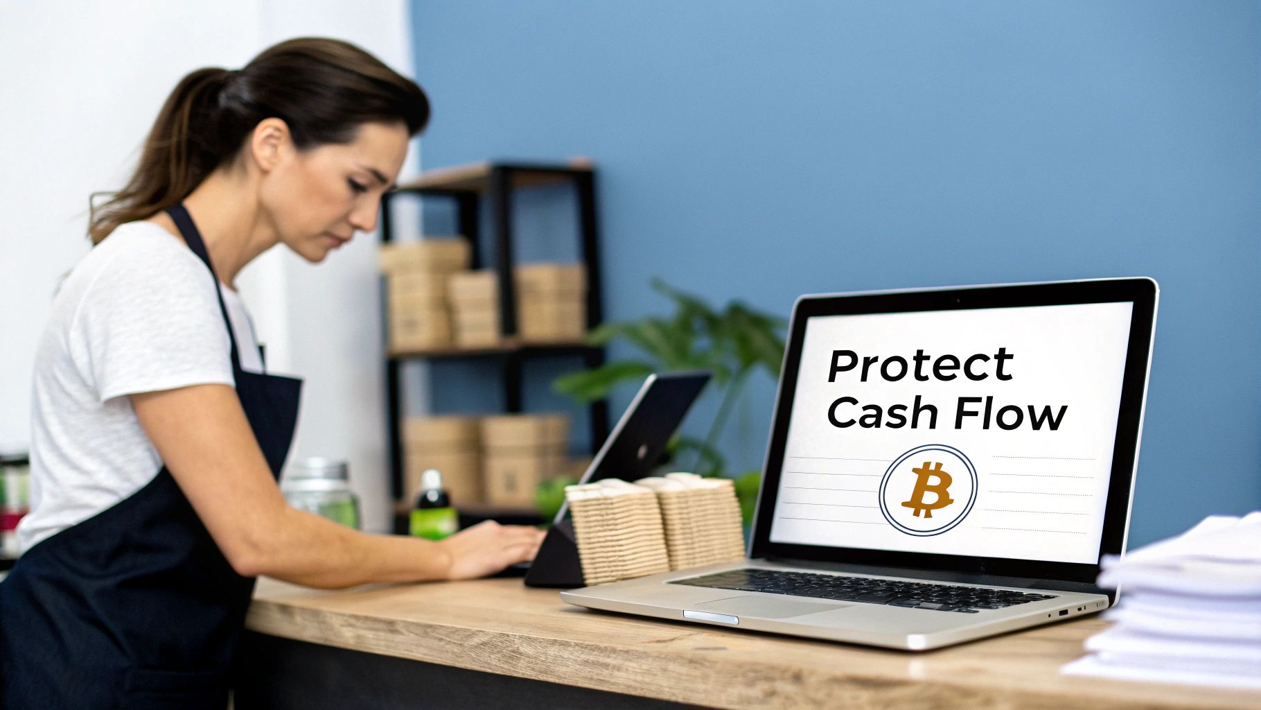 A merchant checking their sales on a tablet, symbolizing the need for a crypto-to-cash strategy.