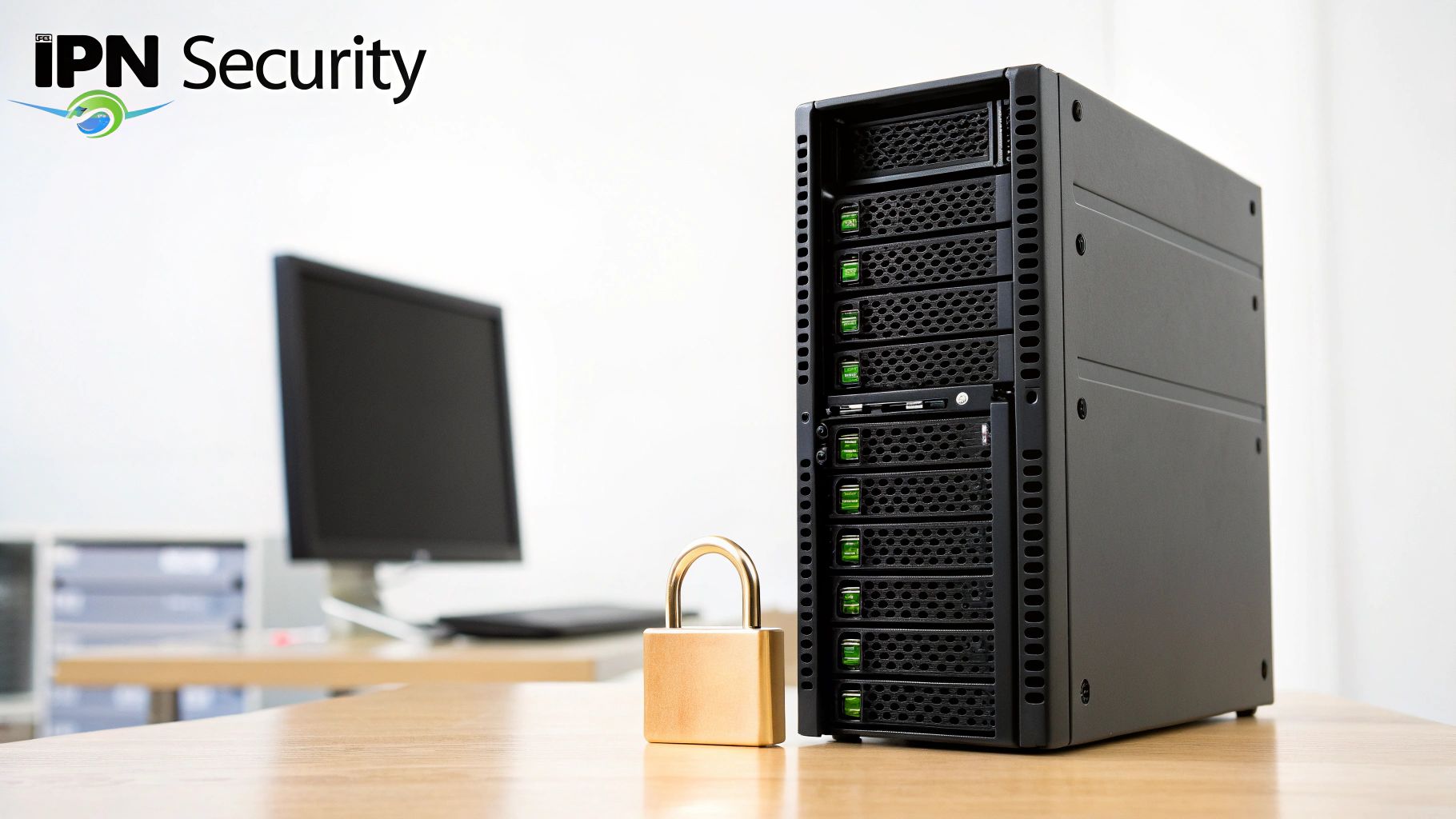 Server rack with green indicator lights and padlock symbolizing IPN security and data protection
