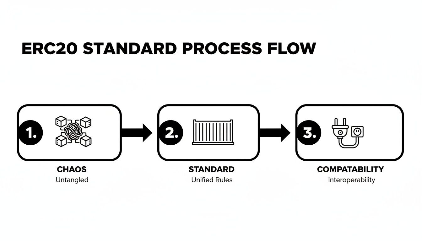 Visualizing the ERC20 standard process: untangled chaos, unified rules, and interoperable compatibility.