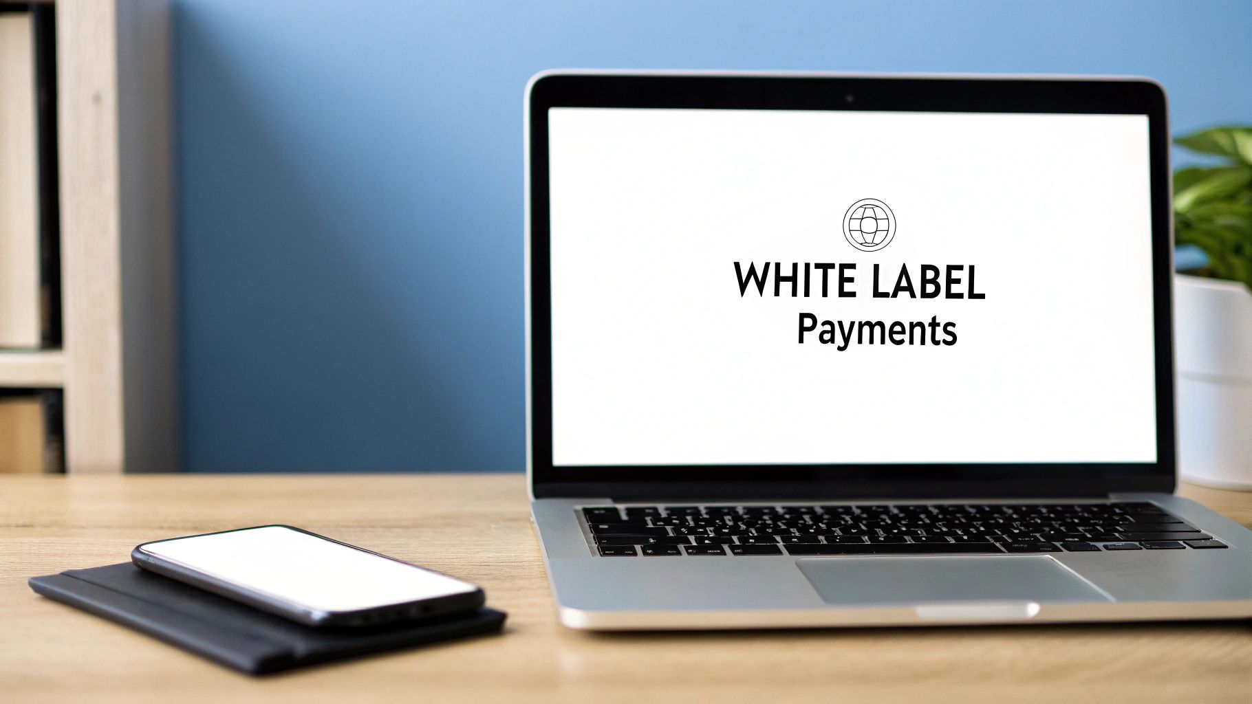 Laptop displaying 'WHITE LABEL Payments' on screen next to a smartphone on a wooden desk.