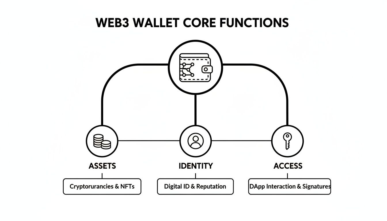 Diagram illustrating Web3 wallet core functions including assets, identity, and access features.