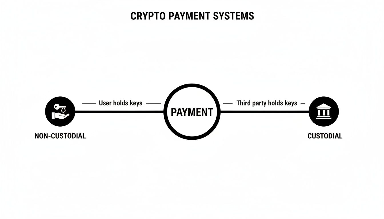 Diagram illustrating crypto payment systems, differentiating between non-custodial (user holds keys) and custodial (third party holds keys).