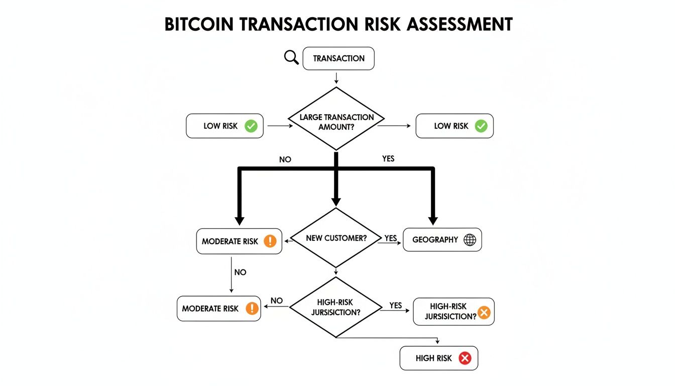 Flowchart diagram illustrating a Bitcoin transaction risk assessment process based on various factors.