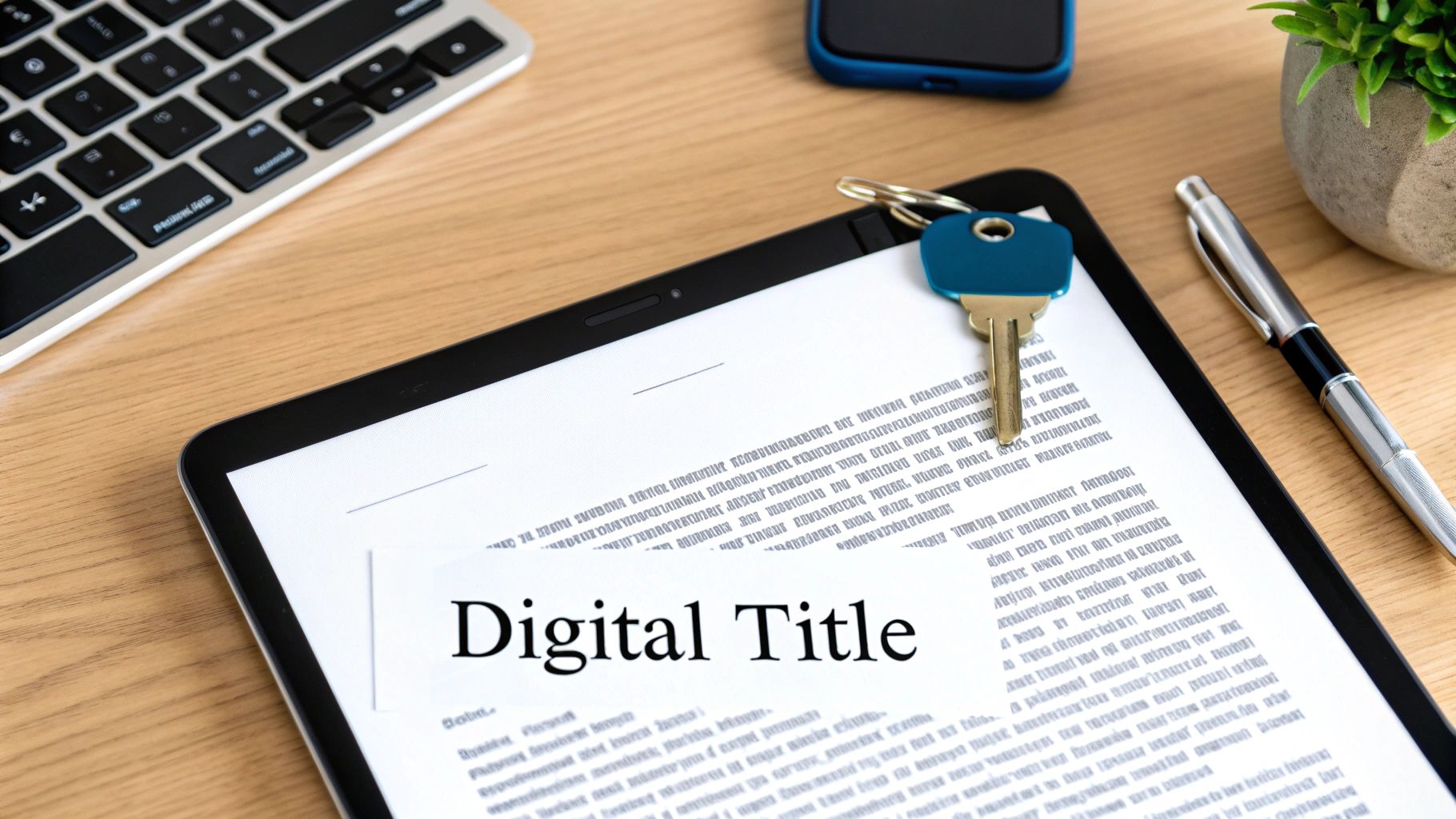Overhead of a tablet showing 'Digital Title' with a key, pen, keyboard, and plant on a desk.
