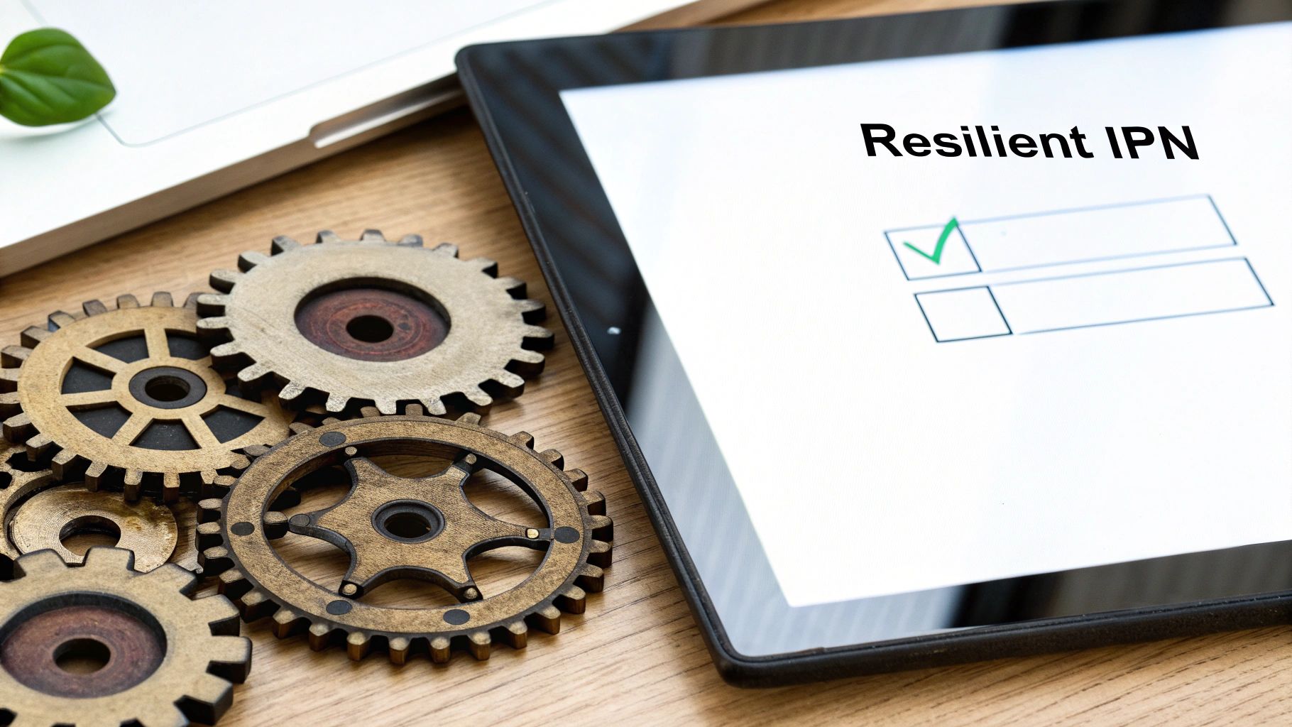 Tablet displaying resilient IPN checklist with checkmark next to wooden gears representing business mechanisms