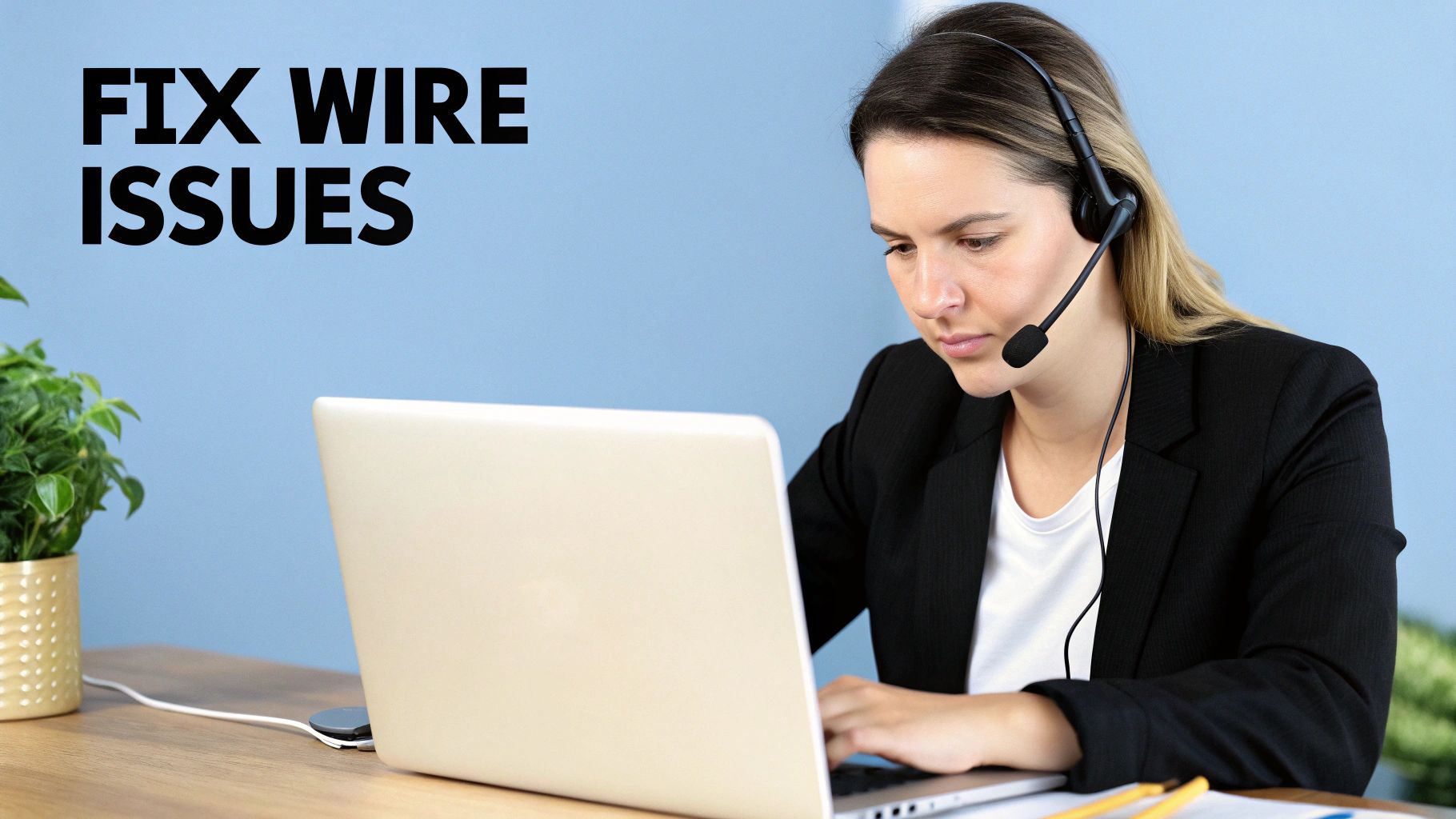 A woman wearing a headset works on a laptop, with text 'FIX WIRE ISSUES' on a blue background.