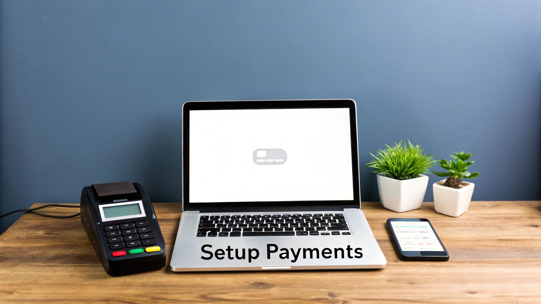 Digital payment setup with a laptop, POS terminal, smartphone, and potted plants on a wooden desk.