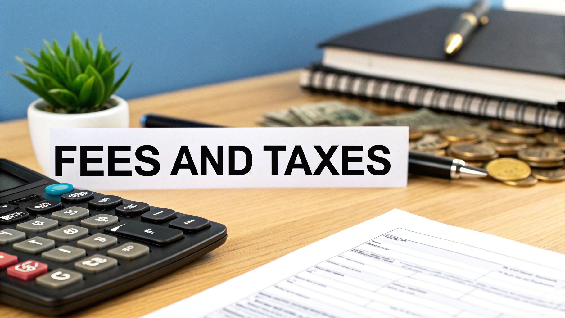 Graphic showing security lock, tax form, and fee icons