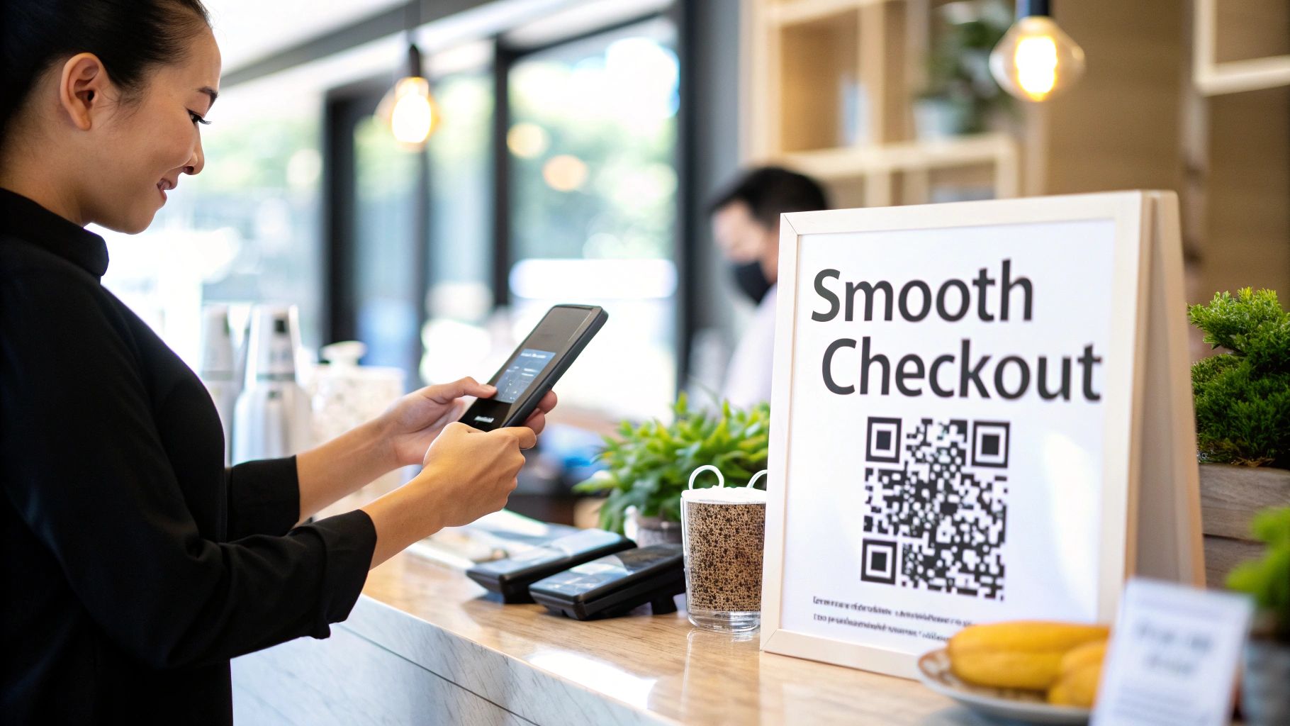 A person's hand holding a smartphone with a QR code on the screen, ready to make a cryptocurrency payment at a modern checkout counter.