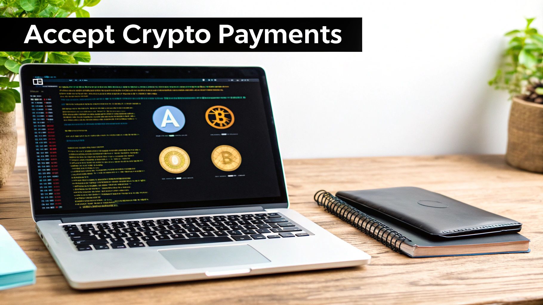 A laptop displaying cryptocurrency payment options and code on a wooden desk, with text 'Accept Crypto Payments'.