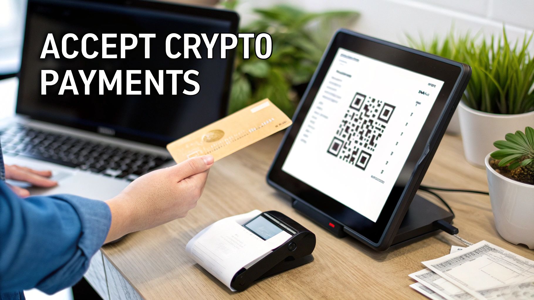 A person holds a gold credit card next to a tablet displaying a QR code for crypto payments.