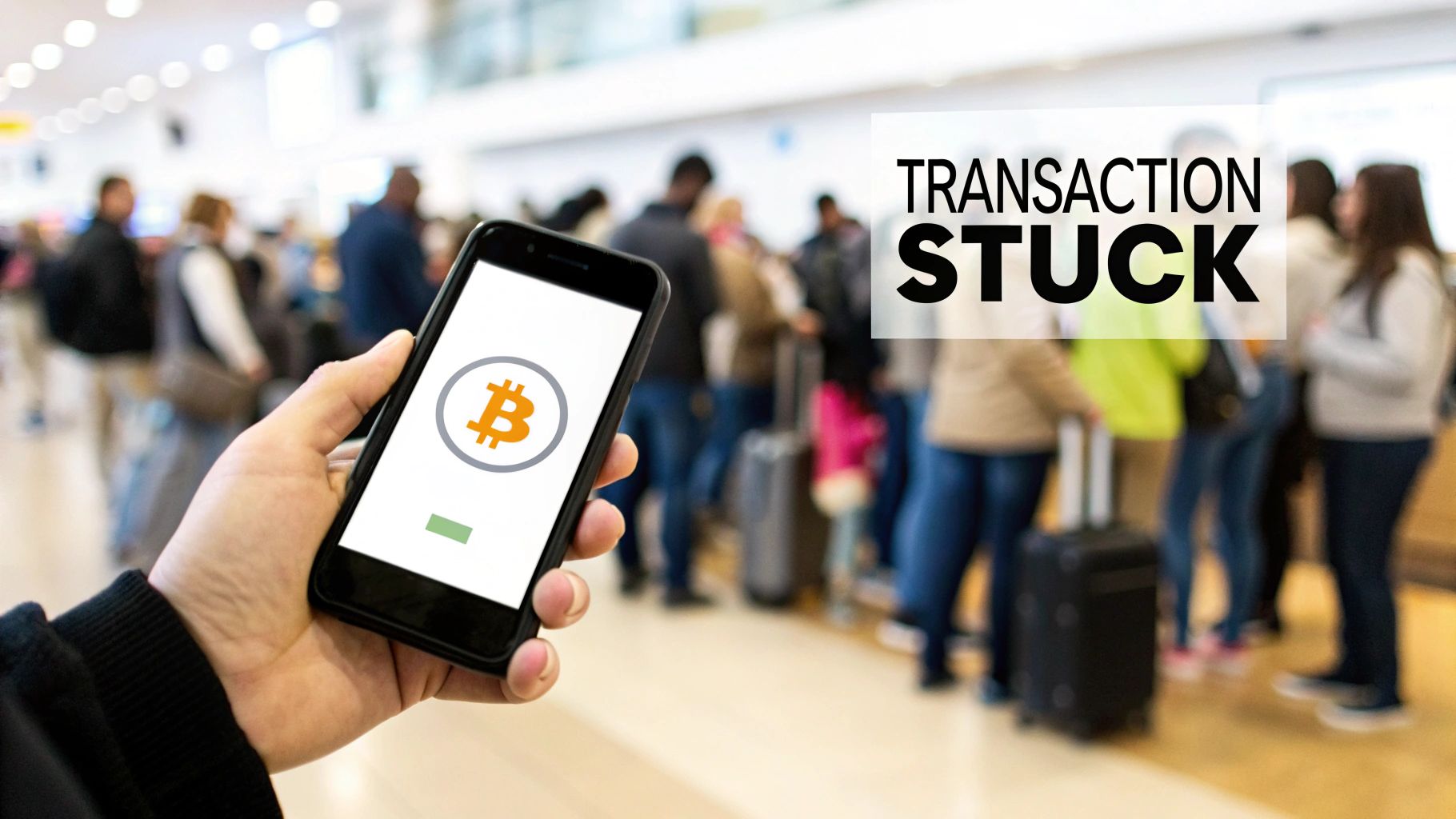 A hand holds a smartphone displaying a Bitcoin logo and a 'TRANSACTION STUCK' message in a busy public place.