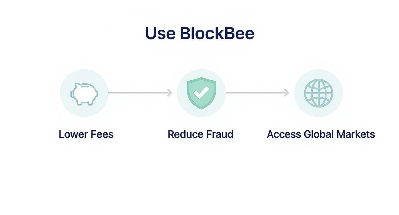 A diagram outlining BlockBee's benefits: lower fees, reduced fraud, and access to global markets.
