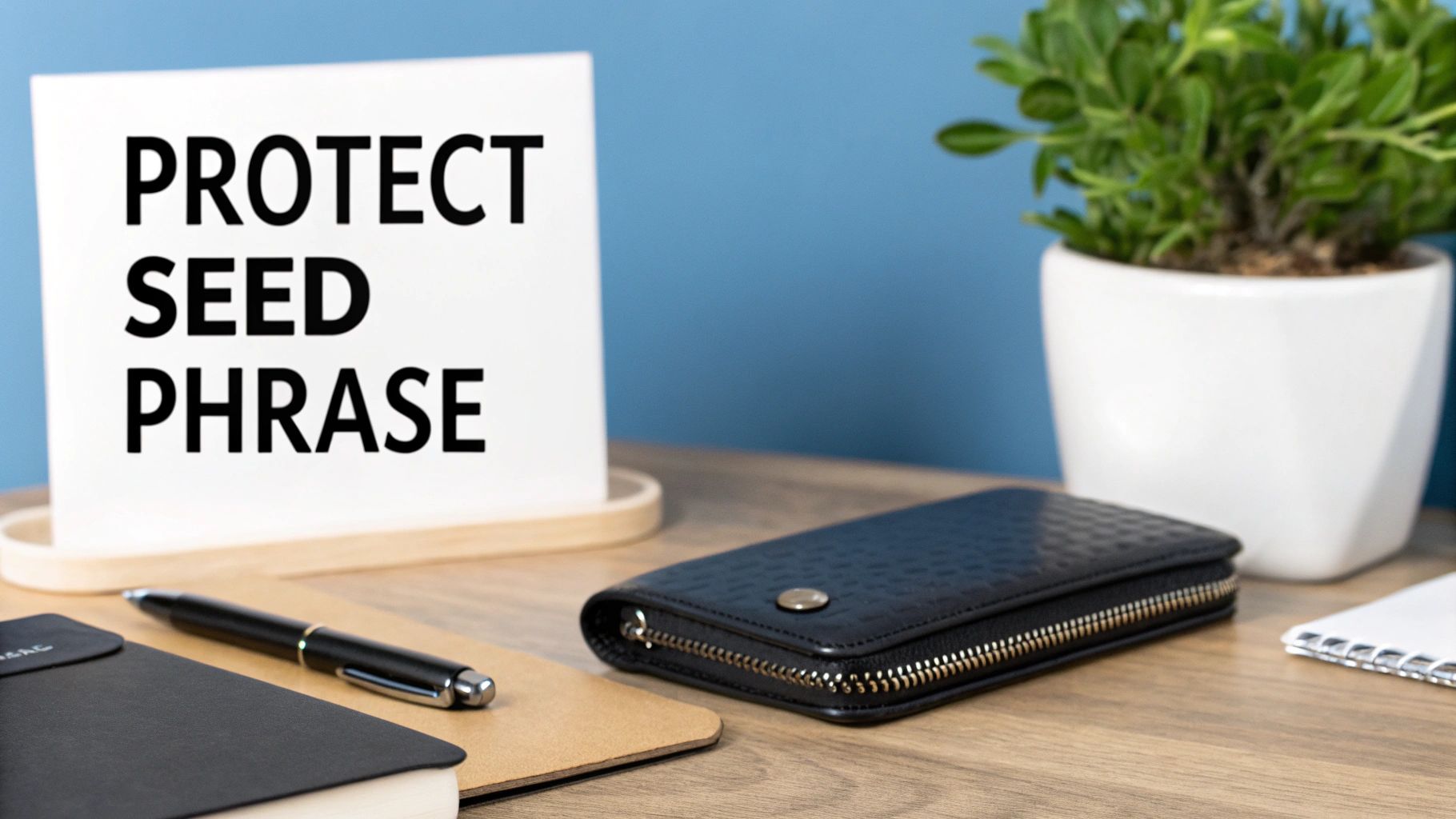 A white card on a desk reads 'PROTECT SEED PHRASE' with a wallet, pen, and plant.