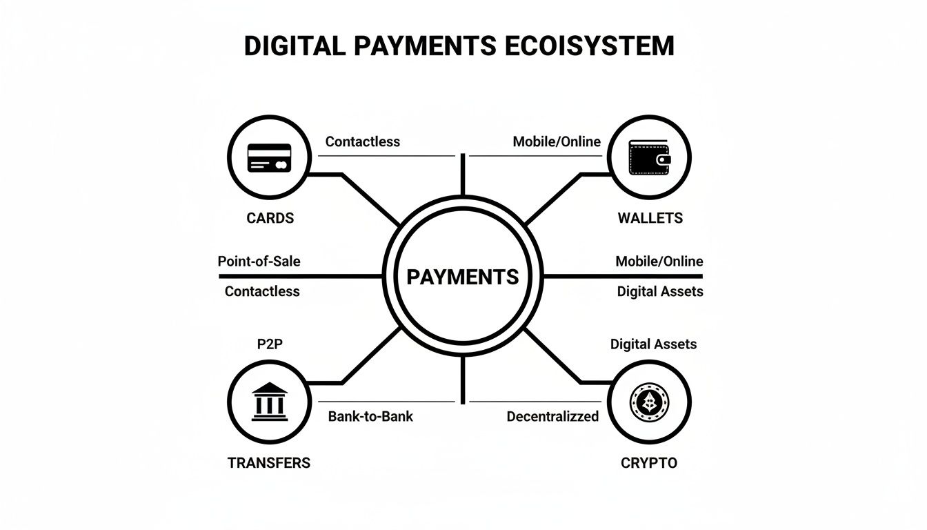 A diagram illustrating the digital payments ecosystem, showing connections between cards, wallets, transfers, and crypto.