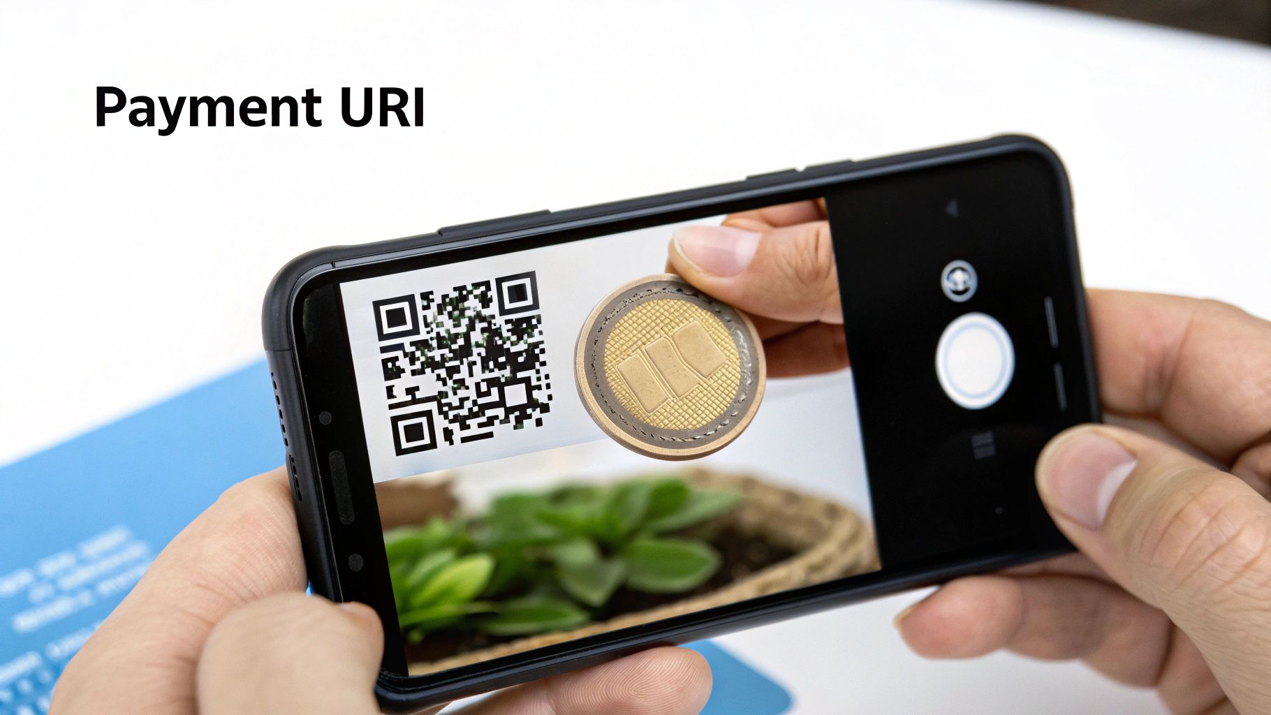 A person holds a smartphone scanning a QR code next to a golden cryptocurrency coin for payment.