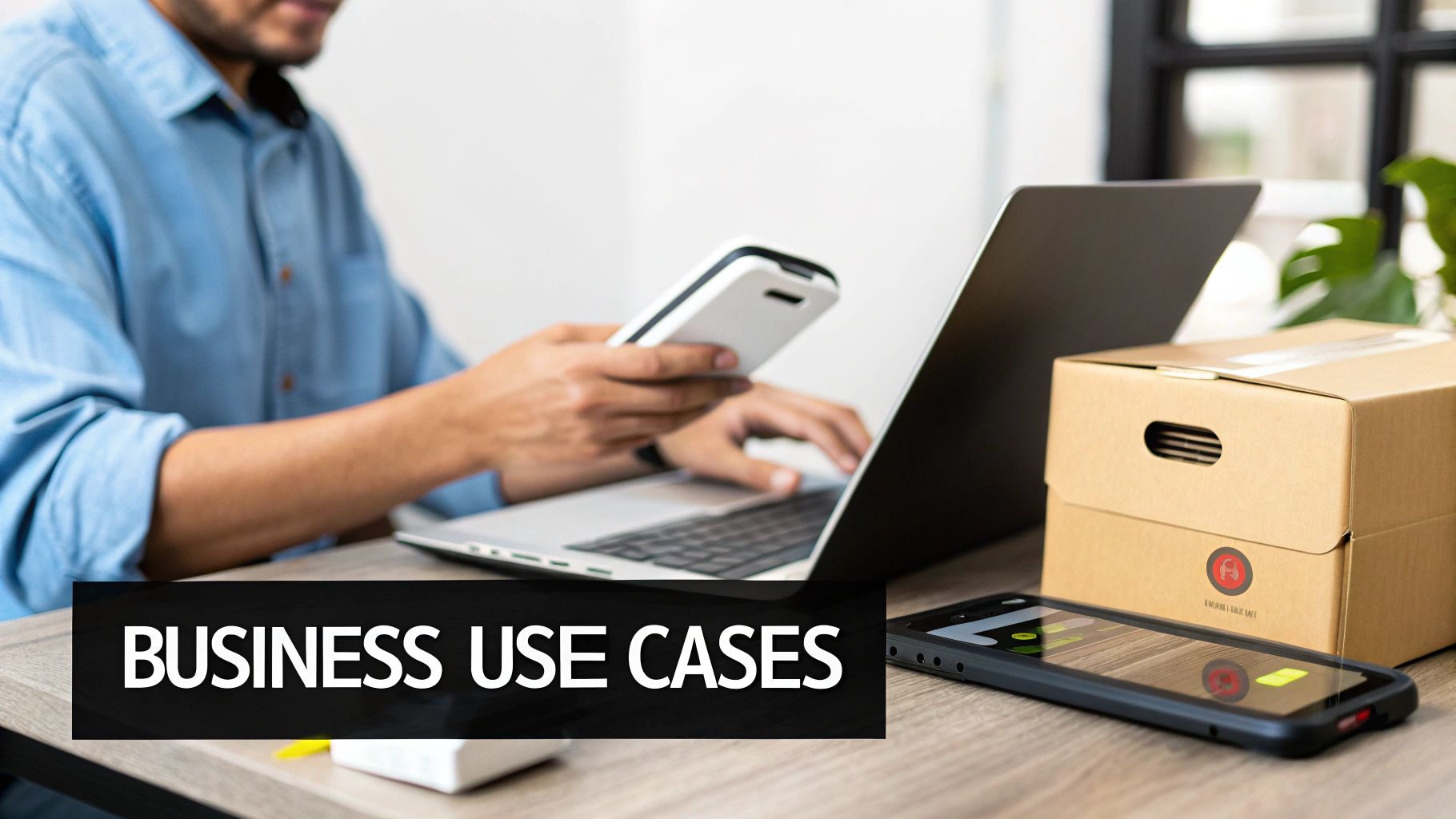 A person uses a laptop and smartphone on a desk with packages, representing business use cases.