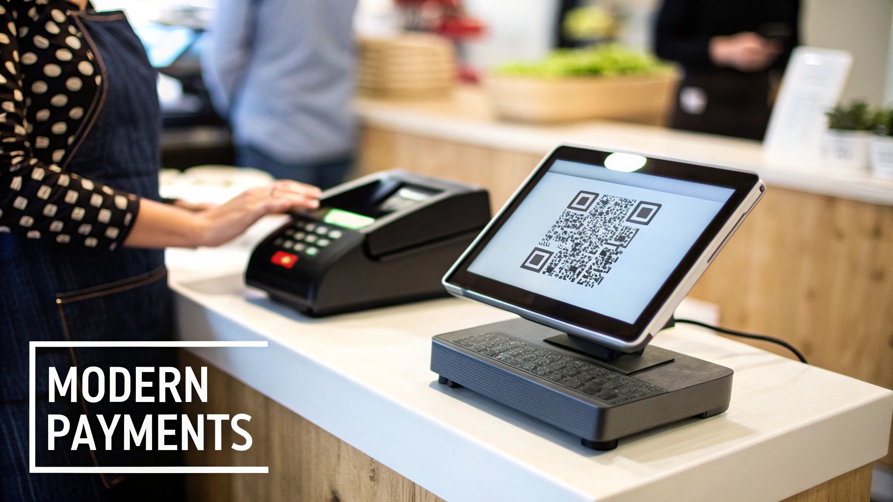 A cashier in an apron processes a payment at a terminal with a QR code displayed for modern transactions.