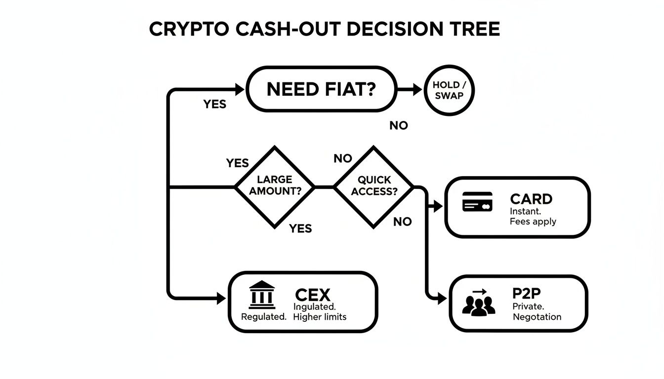 A flowchart illustrating a crypto cash-out decision tree, guiding users on various fiat transfer options.