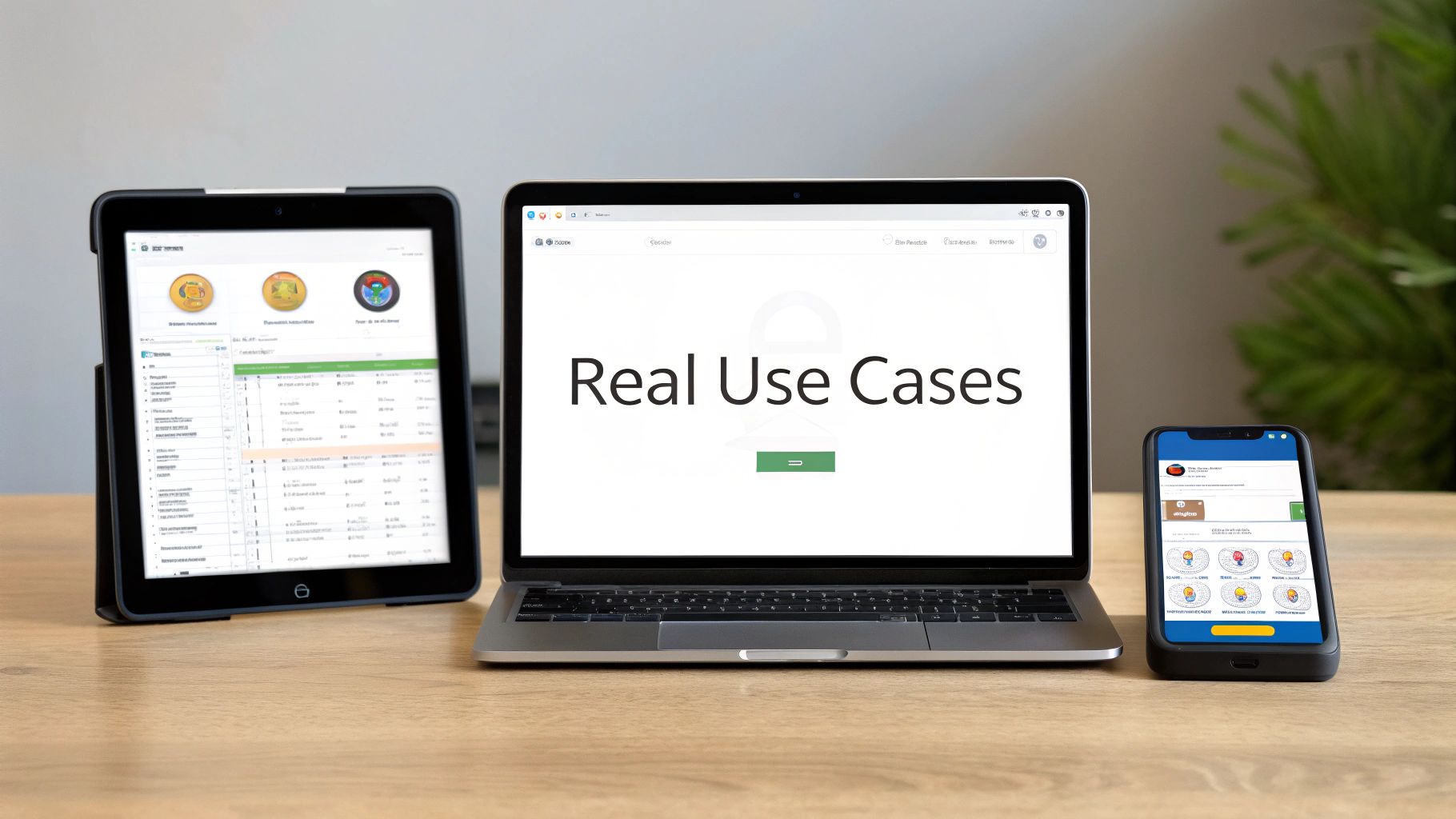 A tablet, laptop, and smartphone displaying software interfaces on a wooden desk.