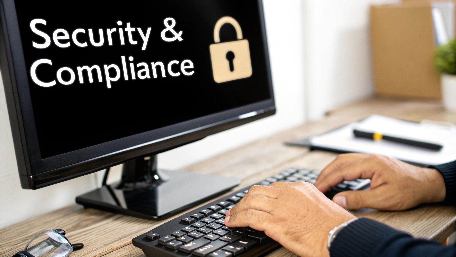 Hands typing on a keyboard, computer screen displays 'Security & Compliance' with a padlock icon.