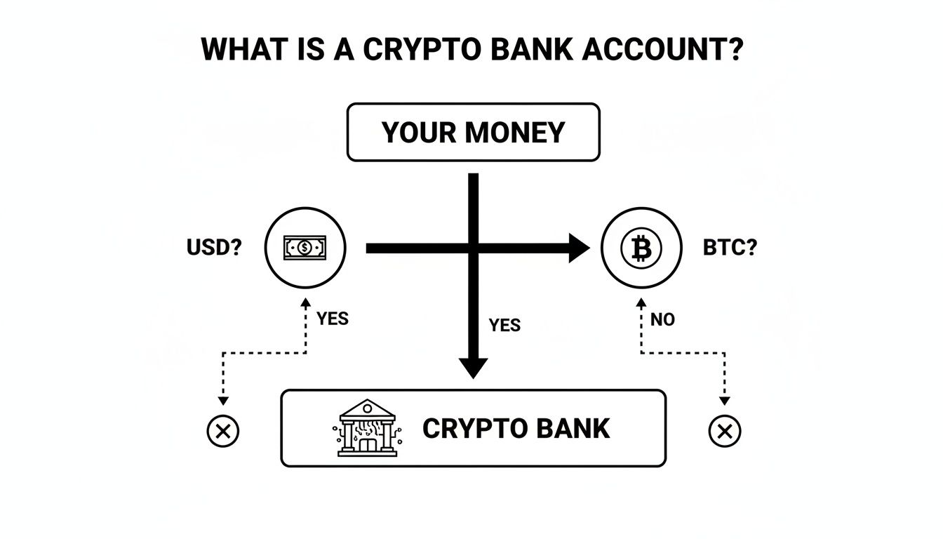 Diagram illustrating a crypto bank account, showing fiat money (USD) handled, but not direct Bitcoin (BTC).