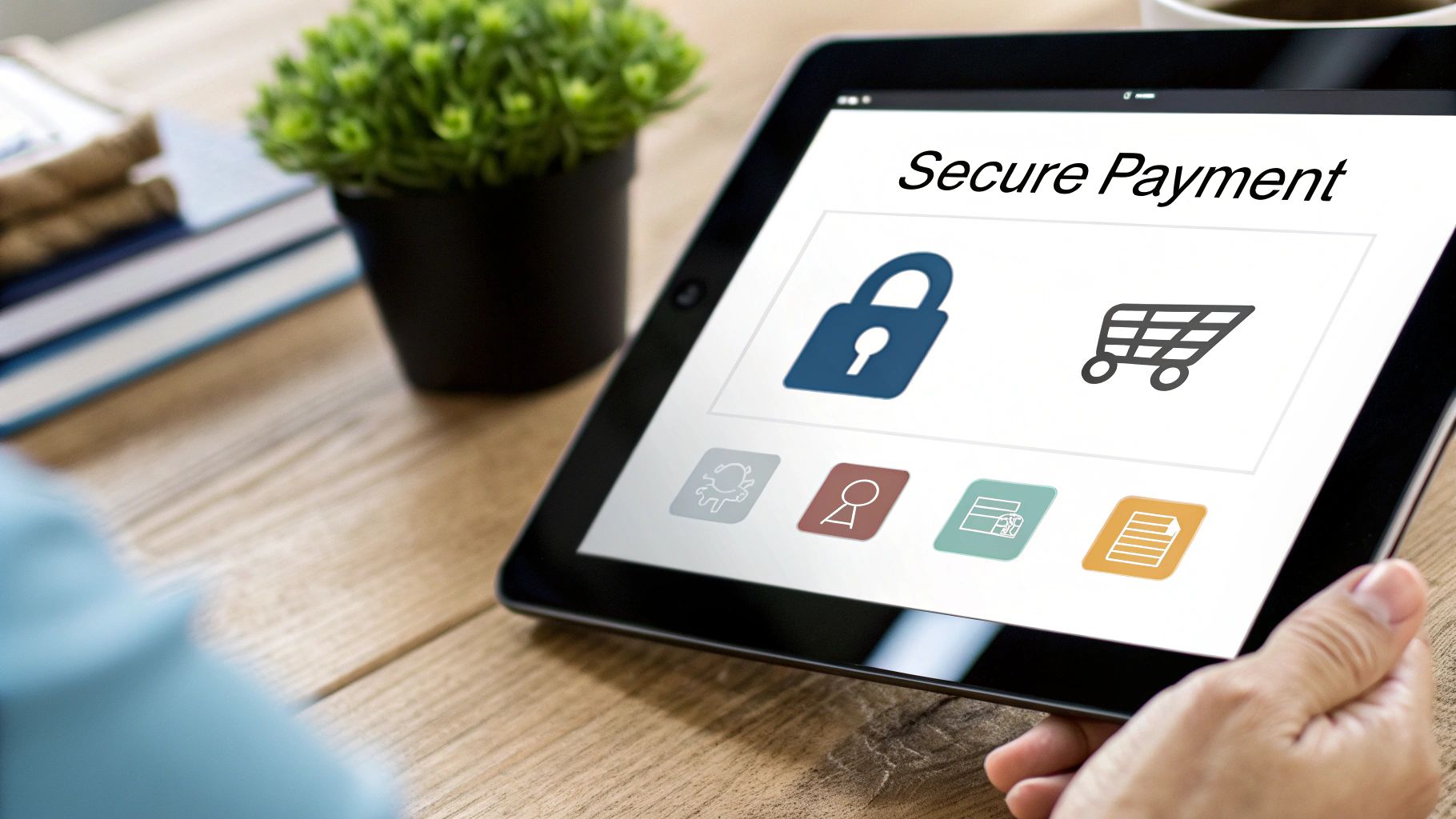 A person holds a tablet displaying 'Secure Payment' with a lock and shopping cart icons, emphasizing online transaction security.