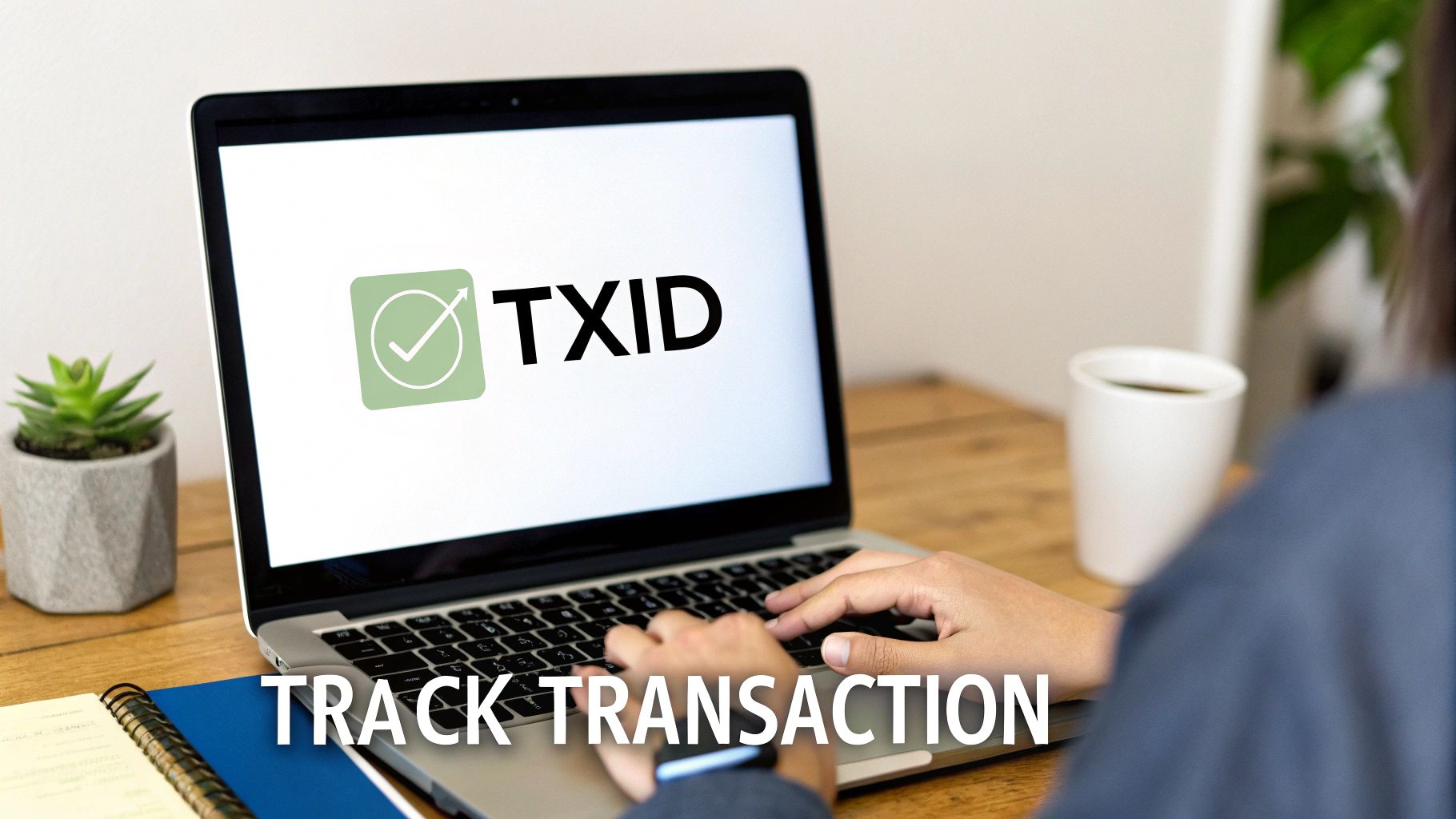 Person typing on laptop showing 'TXID' with checkmark icon and 'TRACK TRANSACTION' text.