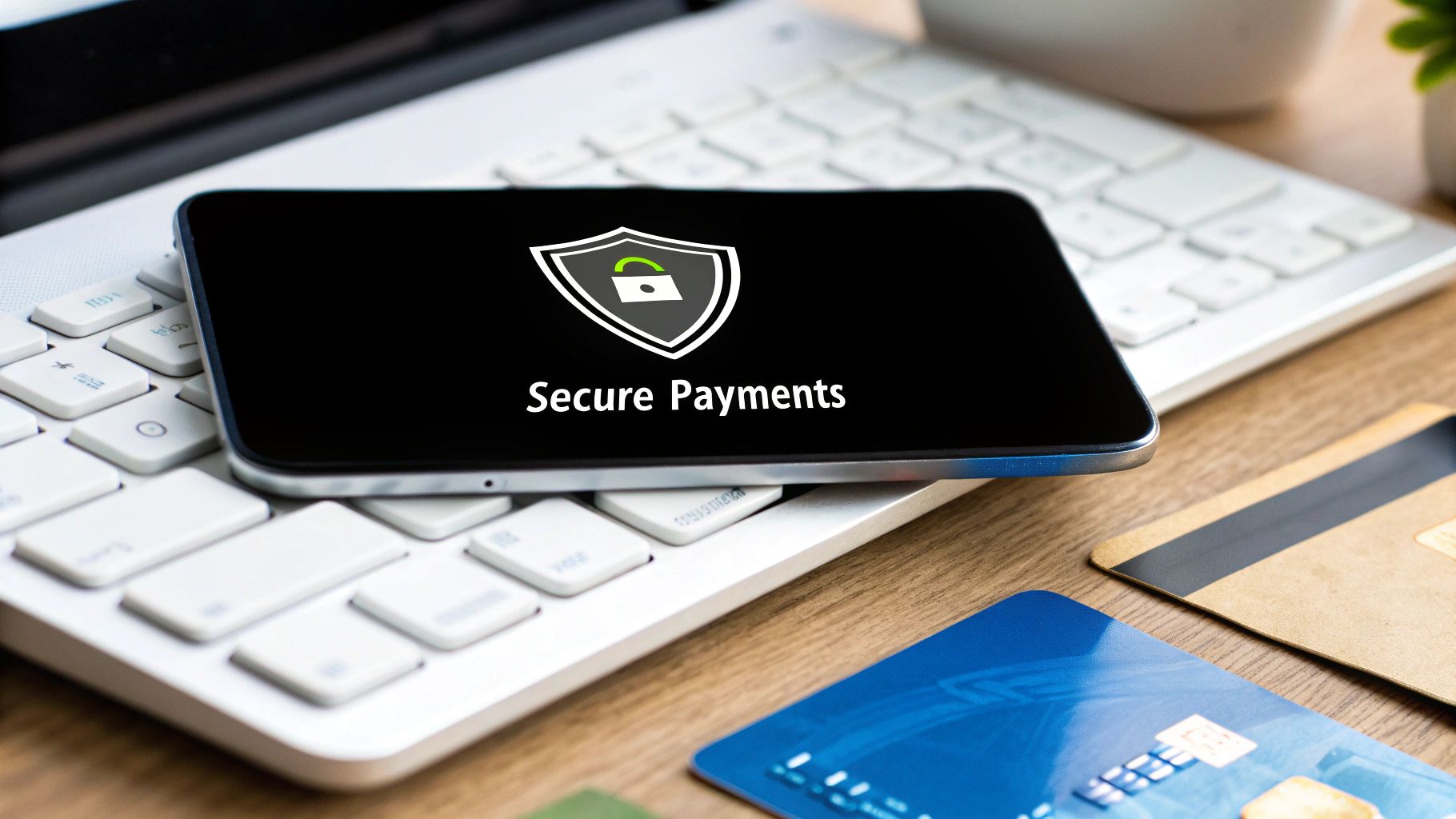 A digital padlock icon overlaid on a credit card, symbolizing secure online payments